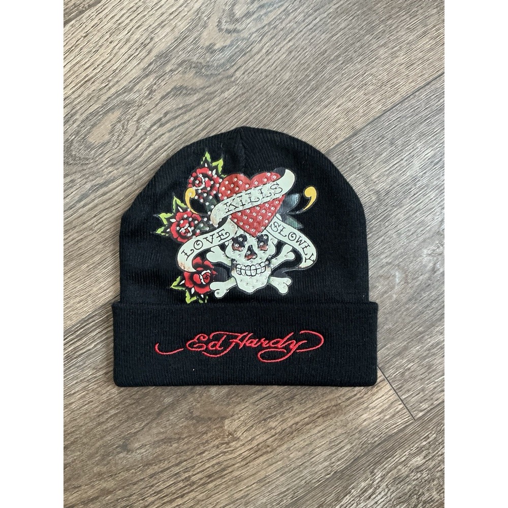 Ed Hardy Knit Beanie Hat Skull Love‎ Kills Stretch Black Y2K One Size